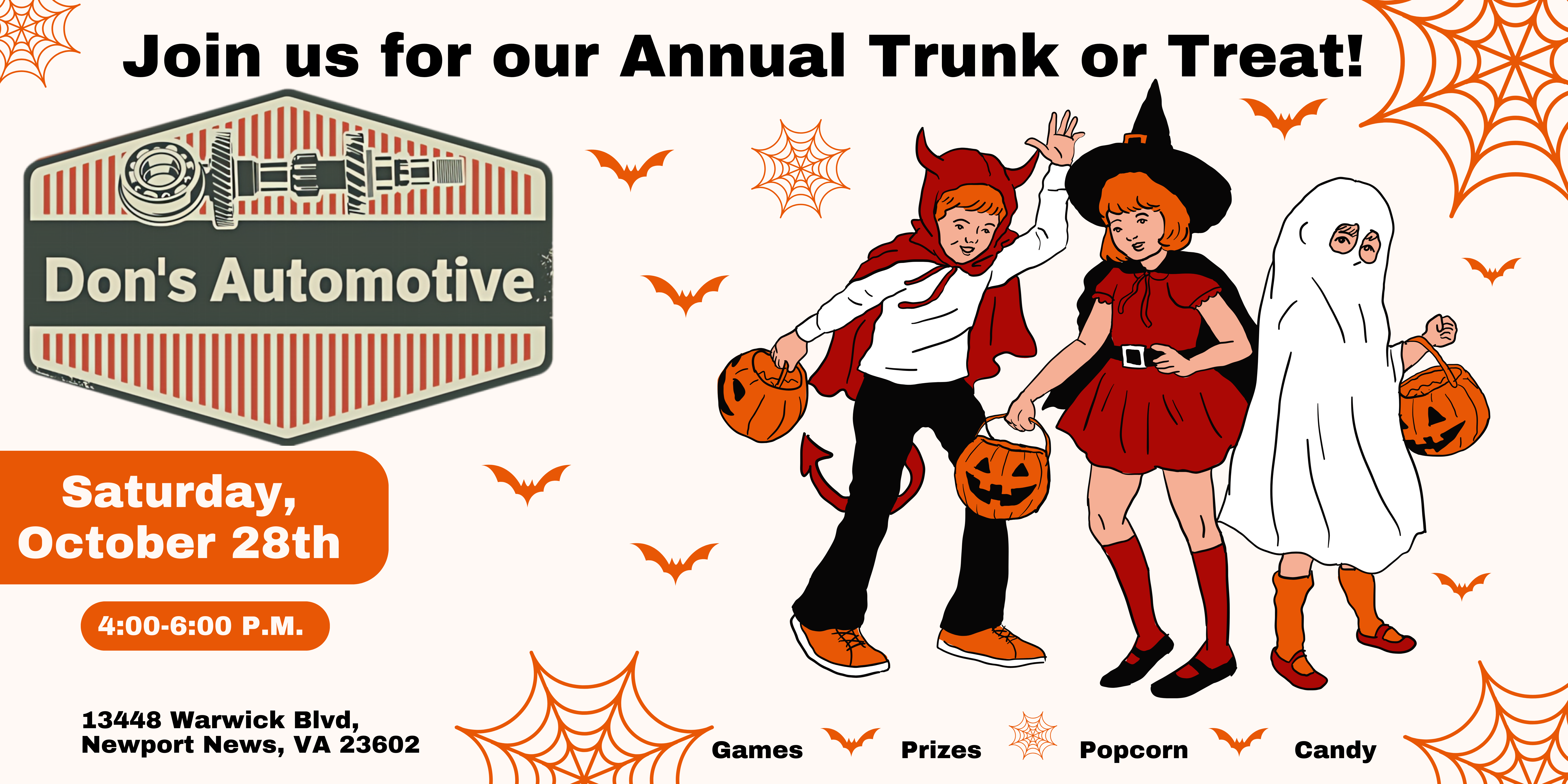 Join us for our annual trunk or treat community event! We've got the trunks and treats. Come enjoy some fun with games, prizes, popcorn, raffles, and of course candy! All ages welcome. 
